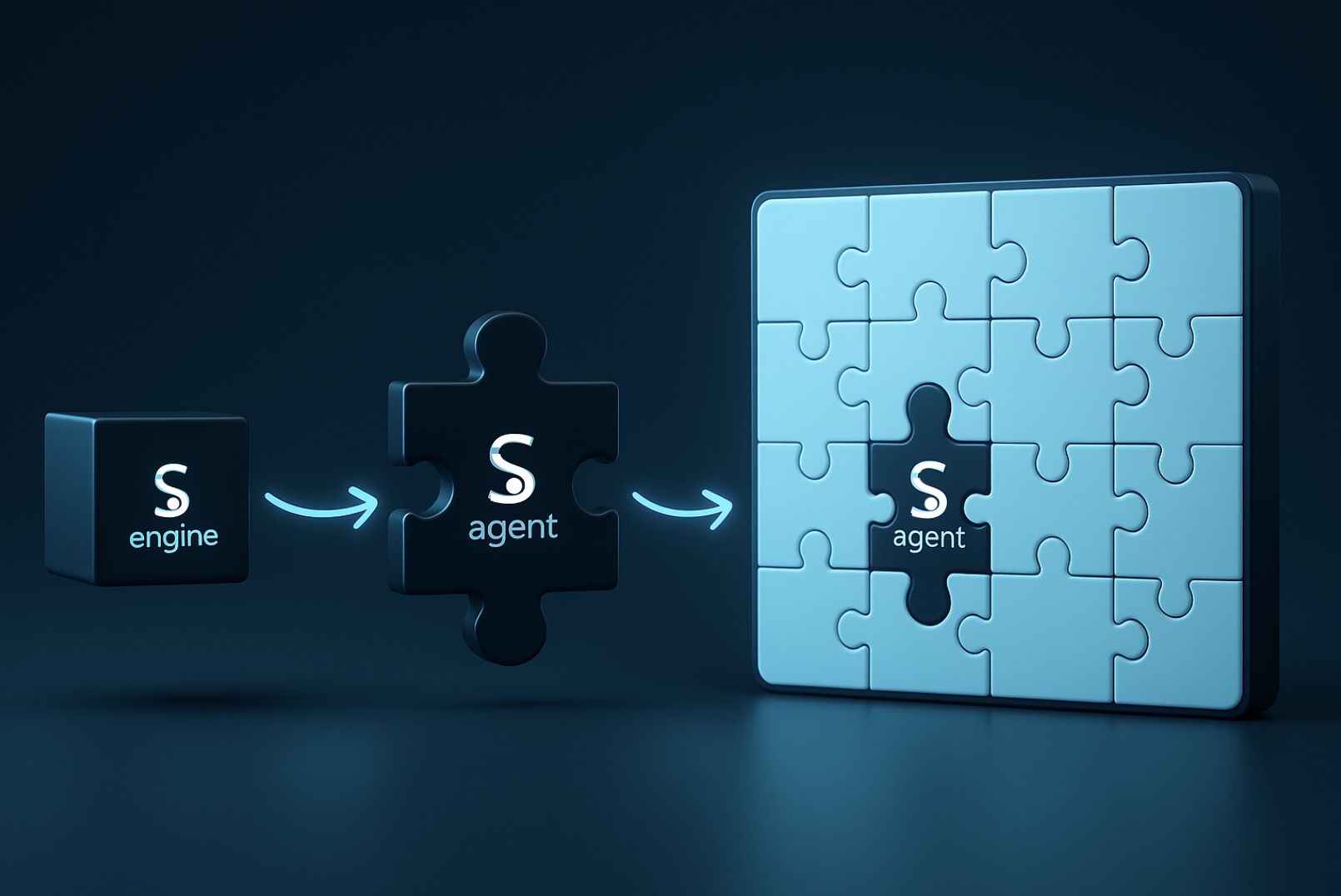Solvrs Engine → Solvrs Agent → Your company (puzzle metaphor)
